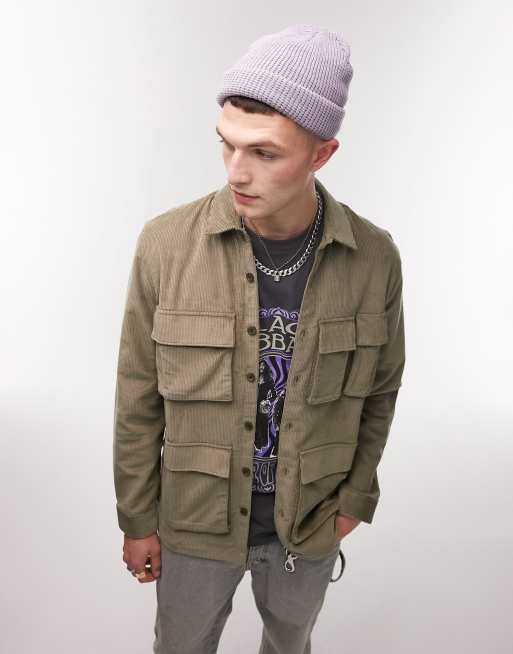 Topman long sleeve regular fit cord overshirt with pocket detailing in khaki