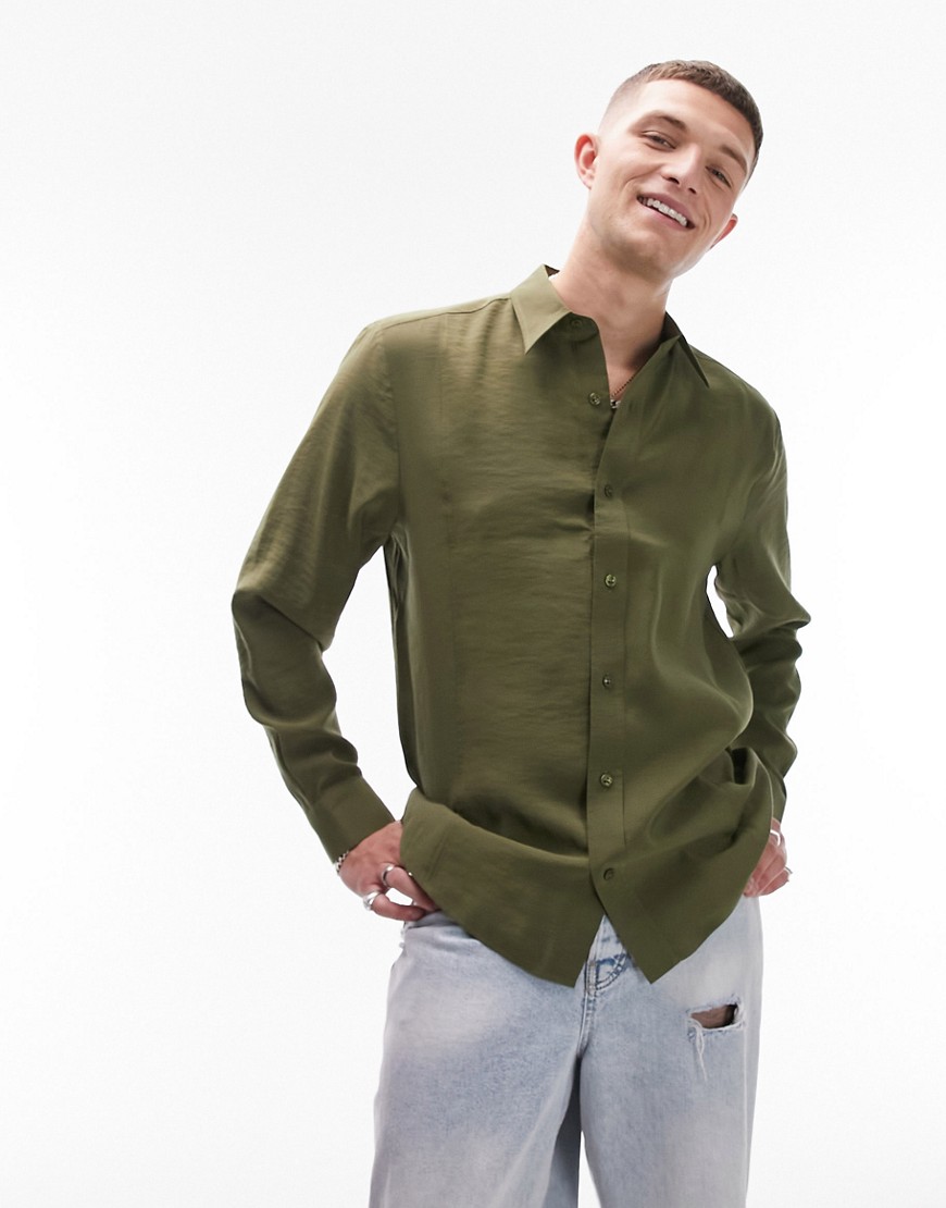 Topman long sleeve regular fit flowing modal shirt in khaki-Green