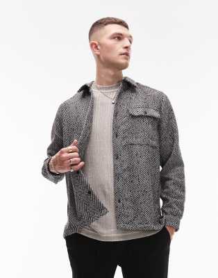 Topman long sleeve regular fit herringbone overshirt in black | ASOS