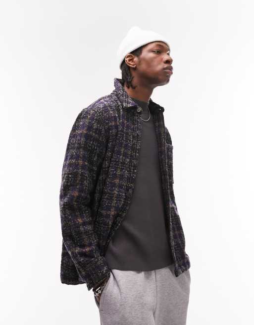 Topman long sleeve regular fit plaid boucle overshirt in navy