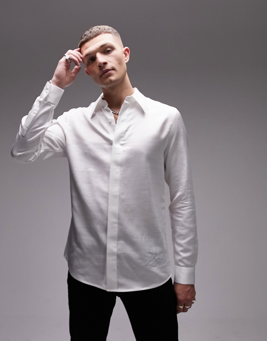 Topman long sleeve regular fit pointed collar tipped satin shirt-White