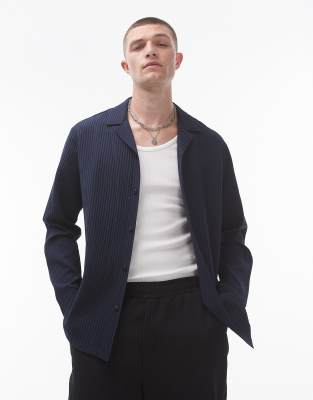 Topman long sleeve regular fit revere plisse shirt in navy