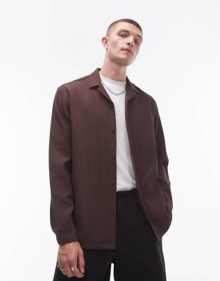 Topman Topman long sleeve regular fit revere plisse shirt in plum-Purple