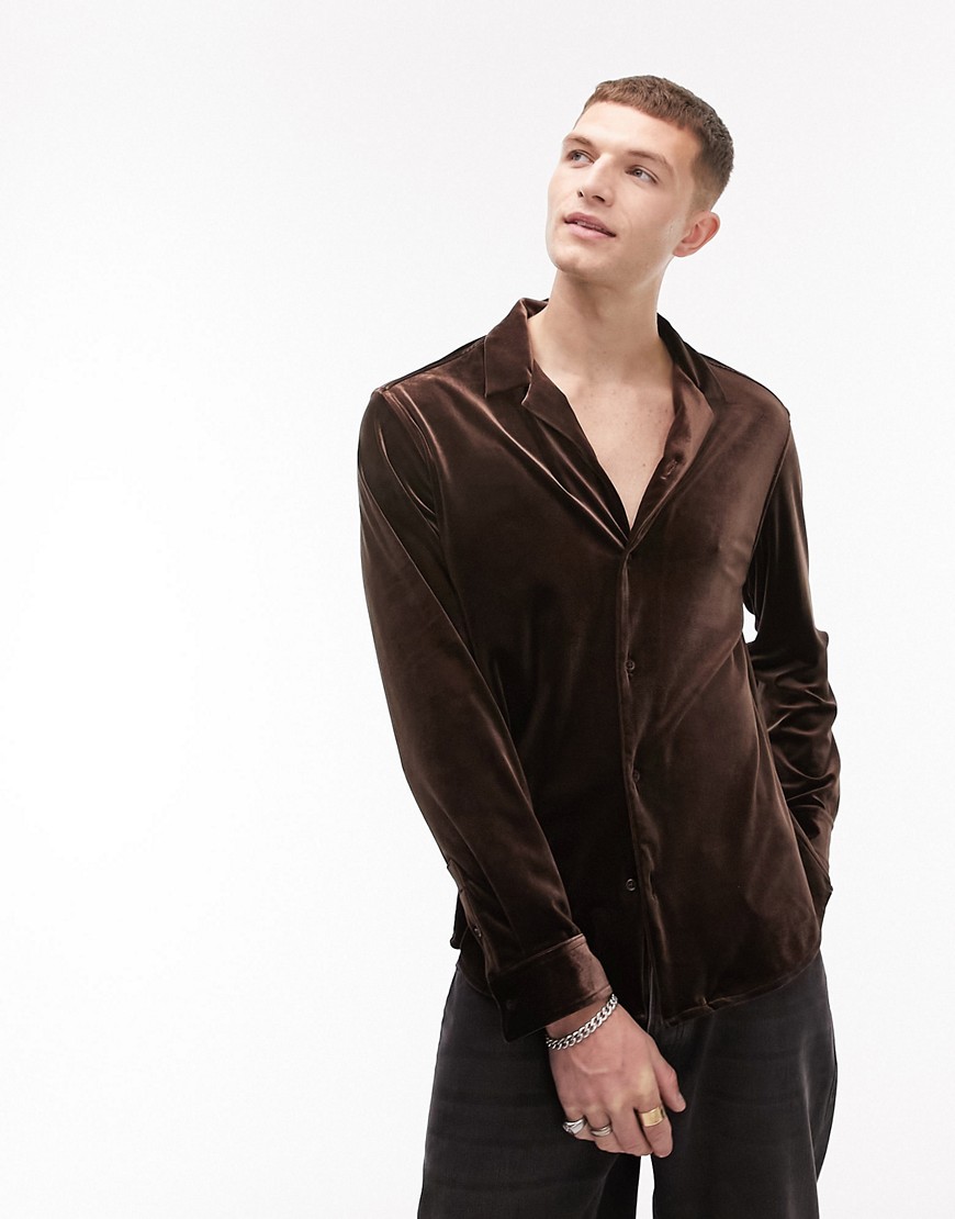Topman long sleeve regular fit revere velvet shirt in brown