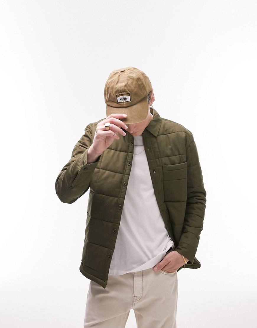 Topman long sleeve regular fit squared quilted overshirt in khaki-Green