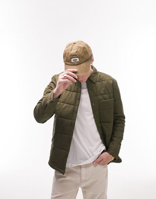 Topman long sleeve regular fit squared quilted overshirt in khaki