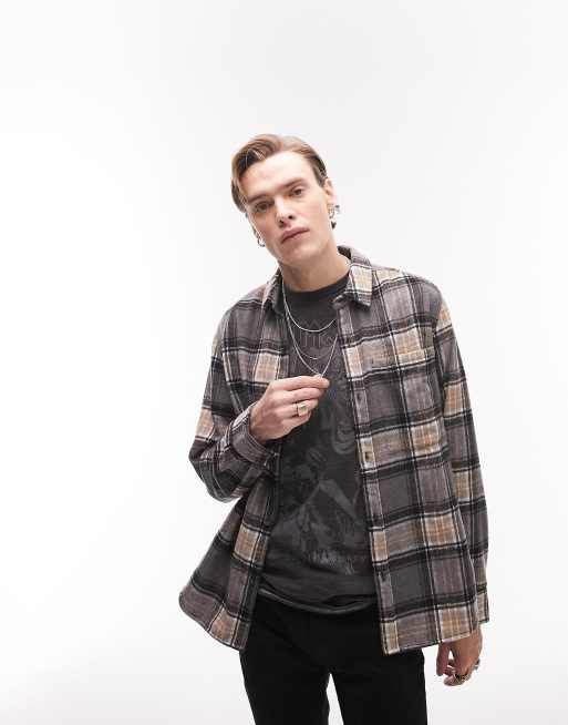 Topman long sleeve regular flannel check shirt in grey