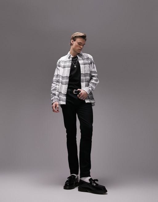 Topman long sleeve regular flannel check shirt in monochrome | ASOS