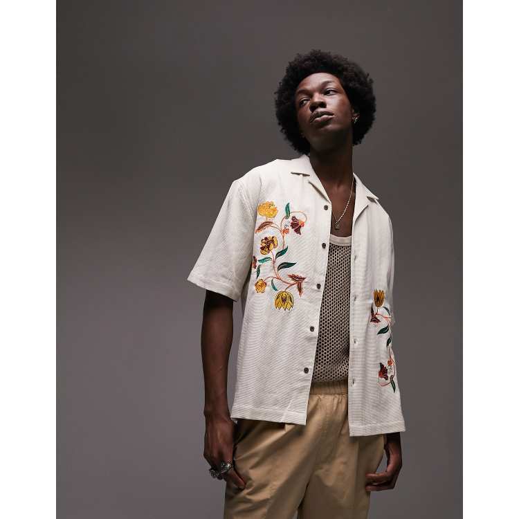 Topman long sleeve regular floral embroidered shirt in ecru