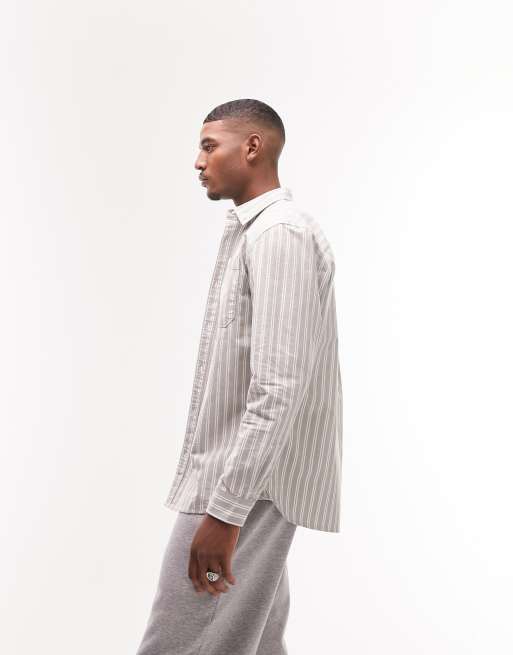 Topman long sleeve regular oxford shirt in khaki stripe