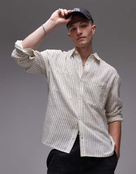 Topman long sleeve relaxed cheesecloth stripe shirt in cream - view 1