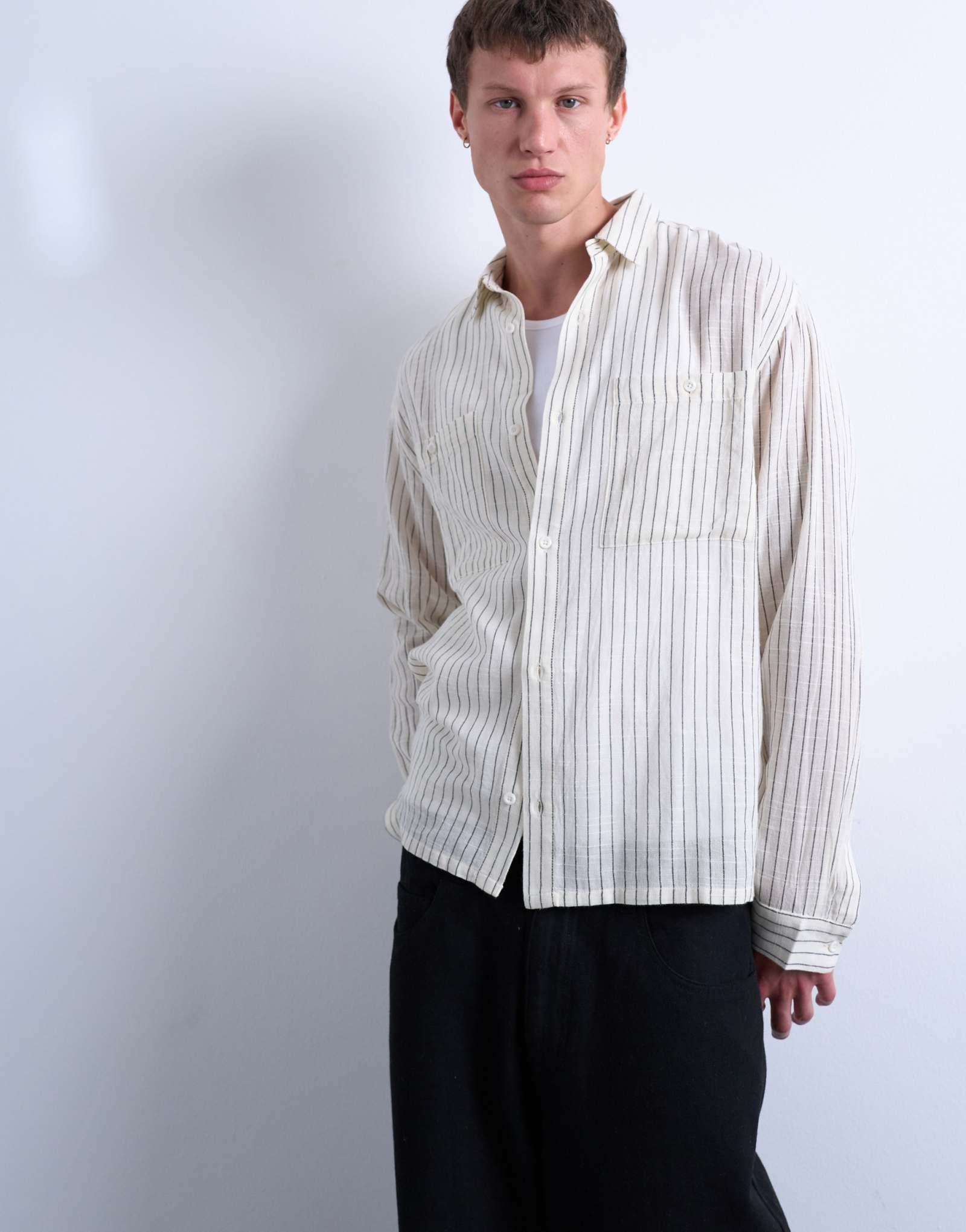 Кремовая рубашка в полоску из мягкой марли Topman с длинным рукавом свободного кроя кремового цвета