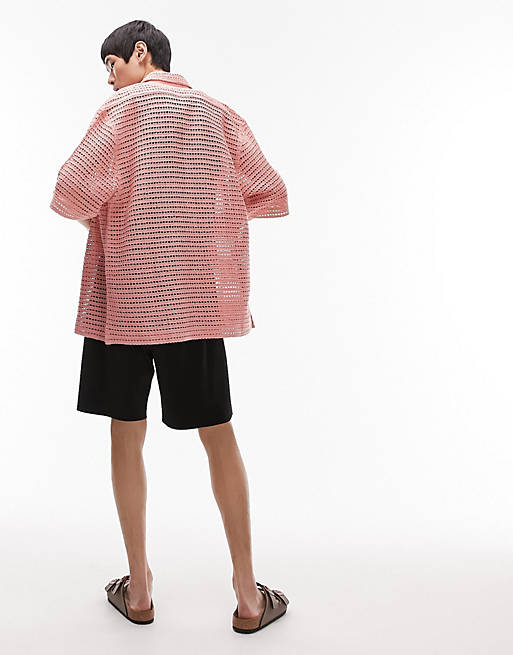 Topman long sleeve relaxed crochet shirt in pink | ASOS