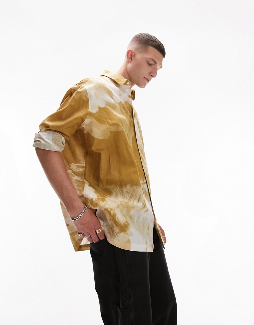 Topman long sleeve relaxed fit blurred abstract shirt in yellow-Multi