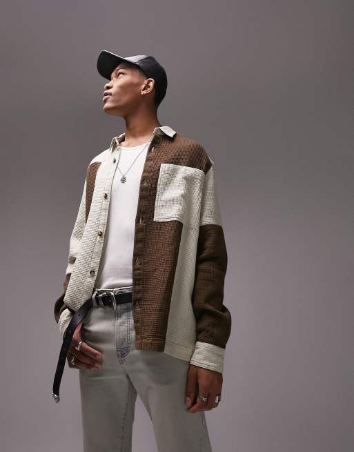 Topman long sleeve relaxed fit cut and sew waffle shirt in stone