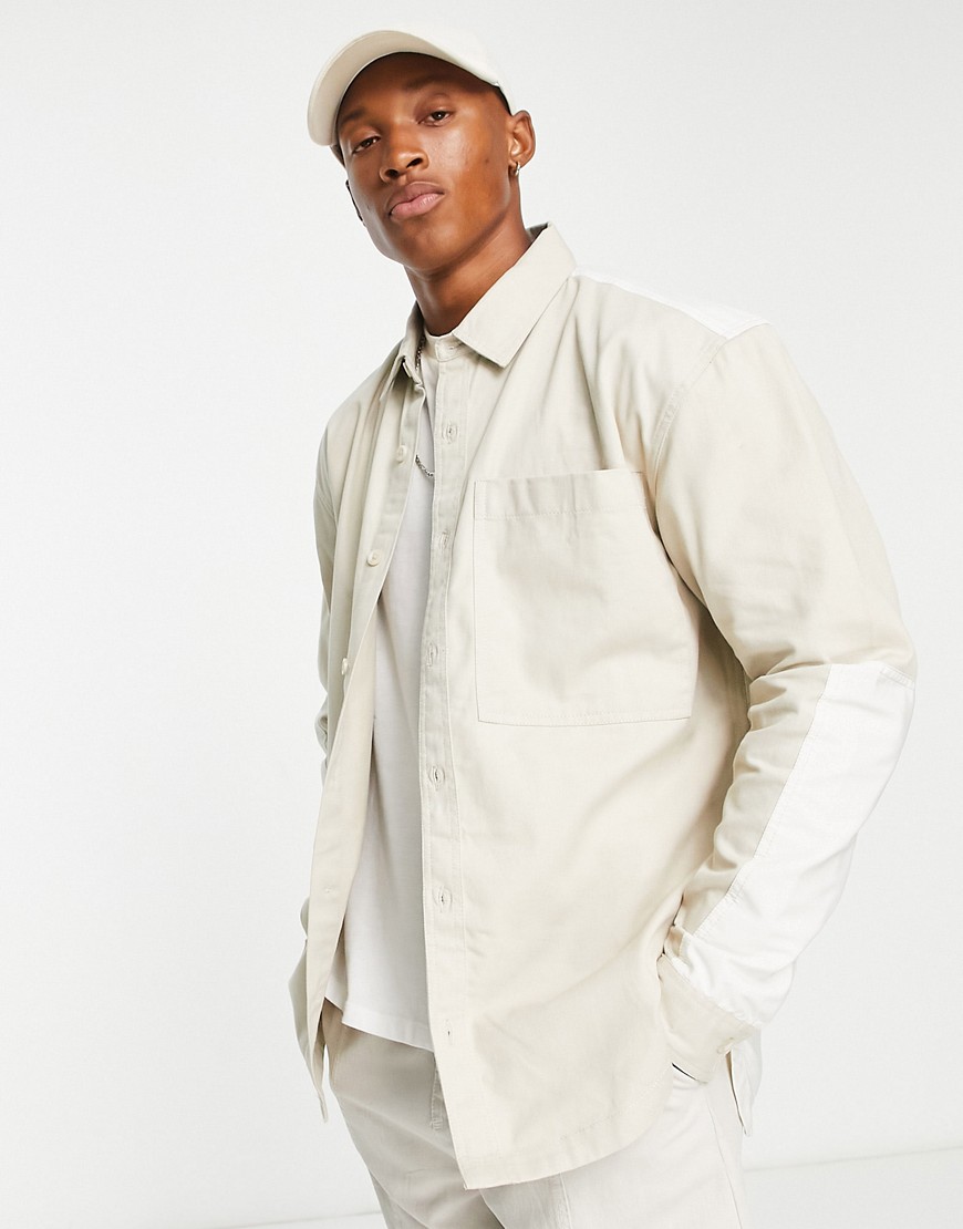 Topman long sleeve relaxed fit panelled shirt with quilting in ecru and stone-Neutral