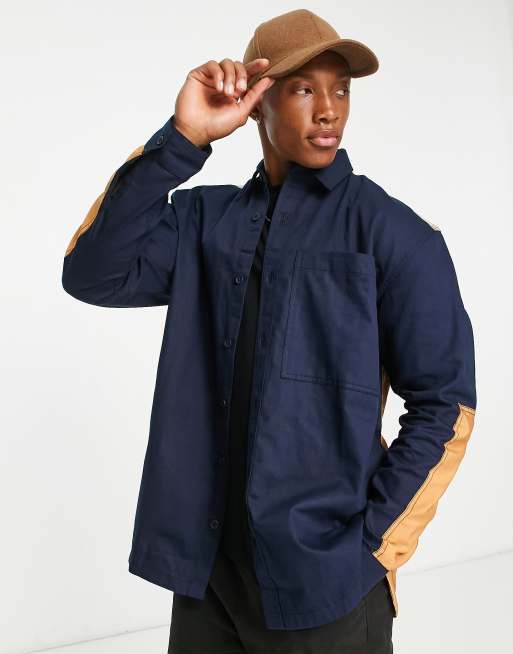 Topman long sleeve relaxed fit panelled shirt with quilting in navy and ...