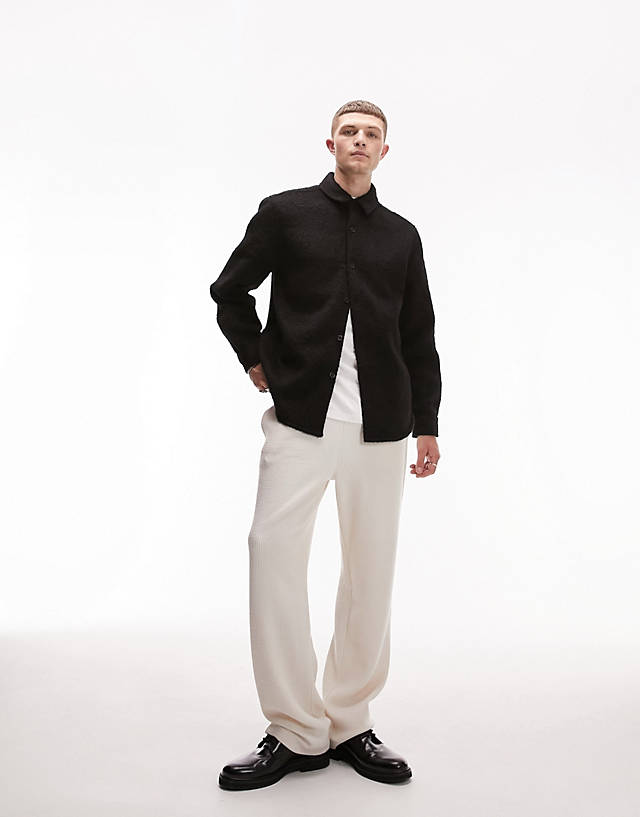 Topman - long sleeve relaxed fit plain boiled wool overshirt in black