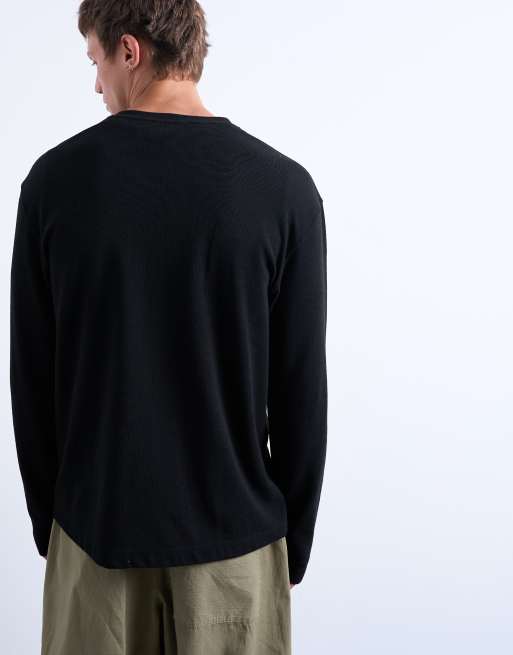 Topman long sleeve relaxed fit waffle t-shirt with henley in black, 4 of 5