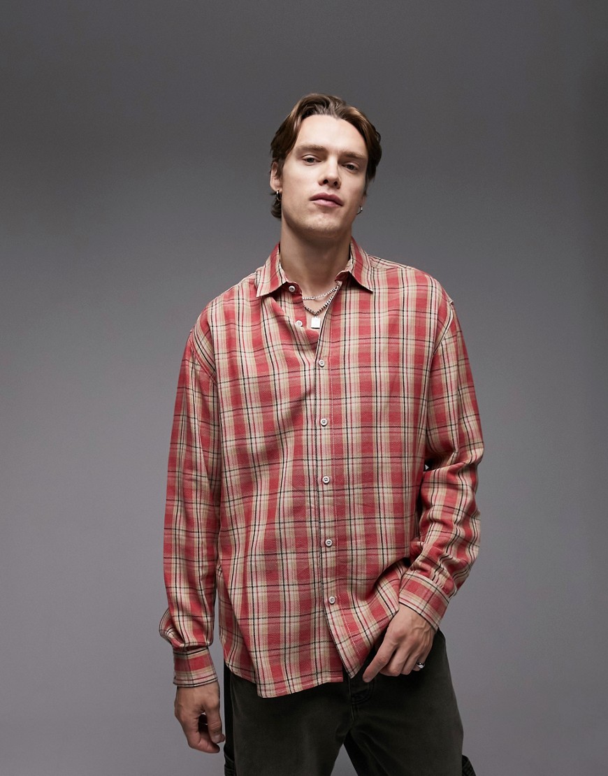 Topman long sleeve relaxed fit woven pink check shirt