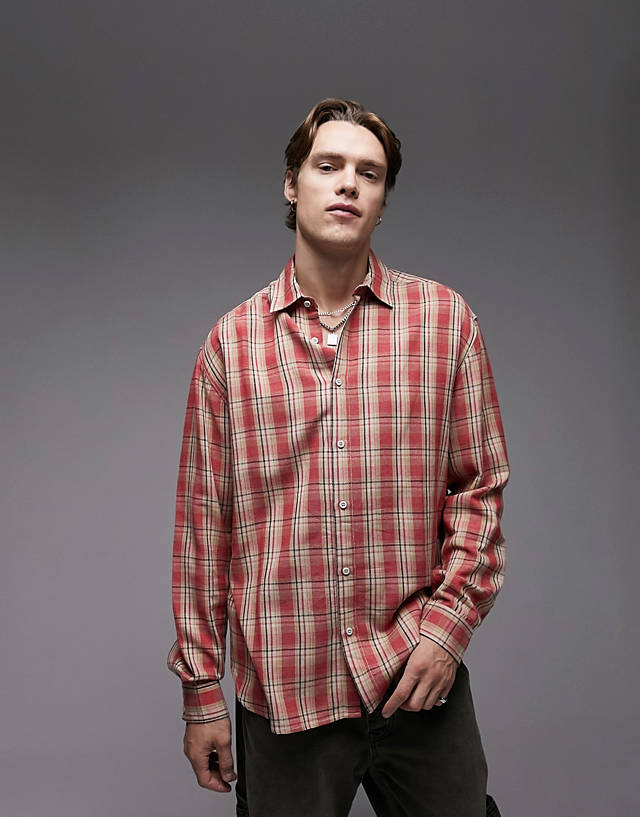 Topman - long sleeve relaxed fit woven pink check shirt