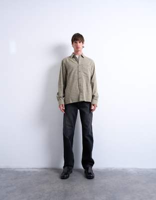 Topman Topman long sleeve relaxed grid check shirt in khaki-Green