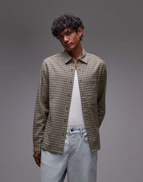Topman long sleeve relaxed grid check shirt in khaki - view 1