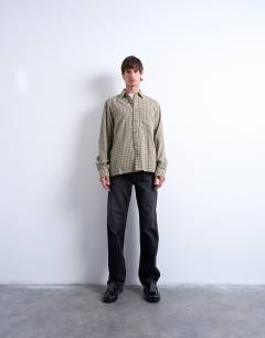 Long sleeve relaxed grid check shirt in khaki