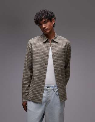 long sleeve relaxed grid plaid shirt in khaki-Green