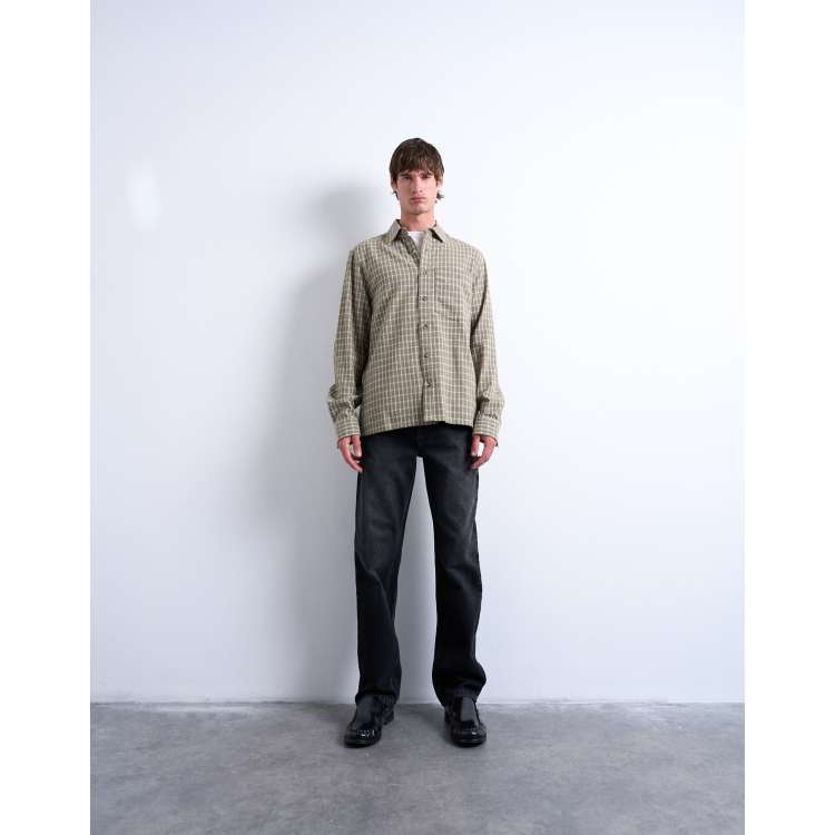 Topman long sleeve relaxed grid plaid shirt in khaki | ASOS