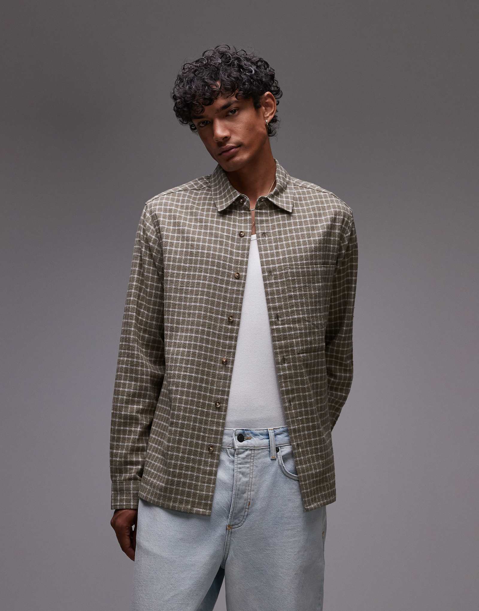 Рубашка в клетку Topman с длинными рукавами в свободную сетку цвета хаки