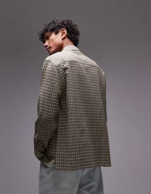 Topman Long Sleeve Relaxed Grid Plaid Shirt In Gray