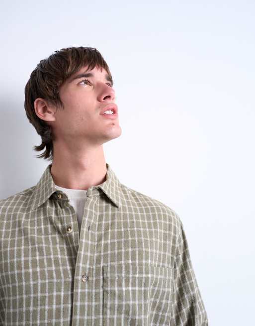 Topman long sleeve relaxed grid plaid shirt in khaki | ASOS