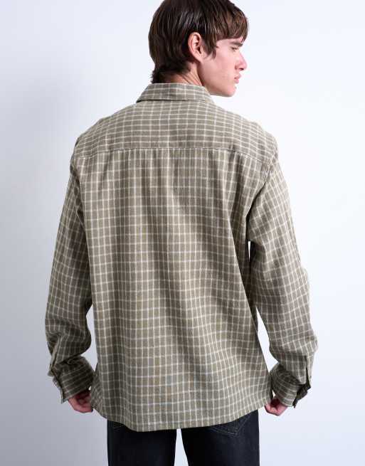 Topman long sleeve relaxed grid plaid shirt in khaki | ASOS