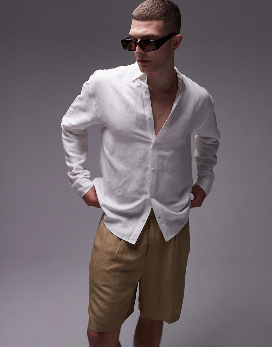 Topman long sleeve relaxed linen blend shirt in white