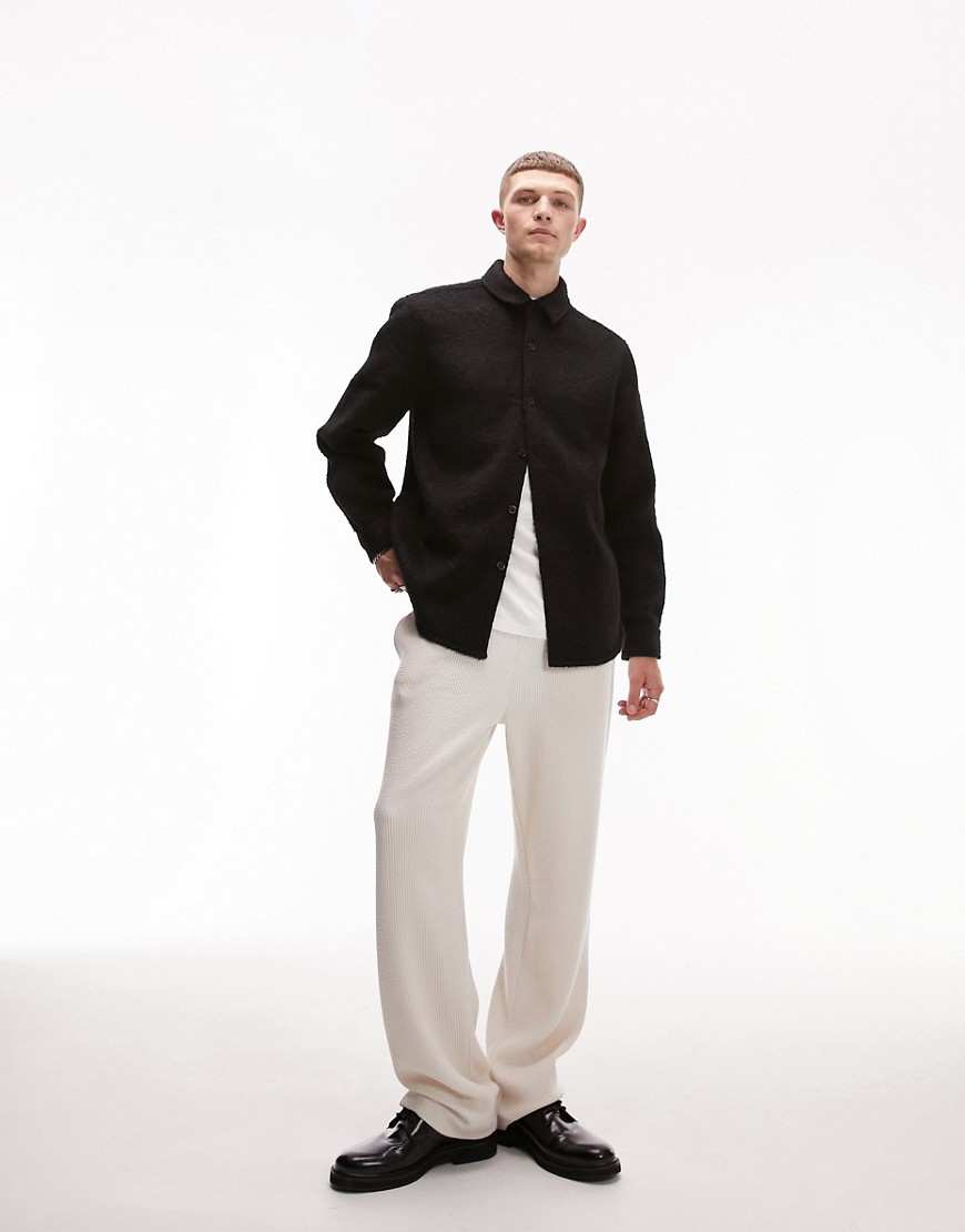 topman long sleeve relaxed plain boiled wool overshirt in black