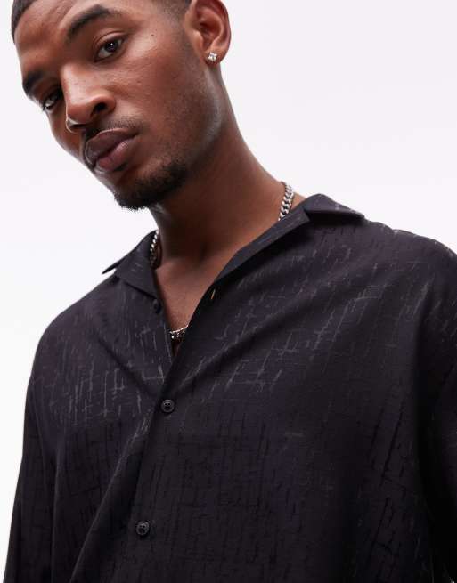 Topman long sleeve relaxed revere jacquard shirt in black, 2 of 4
