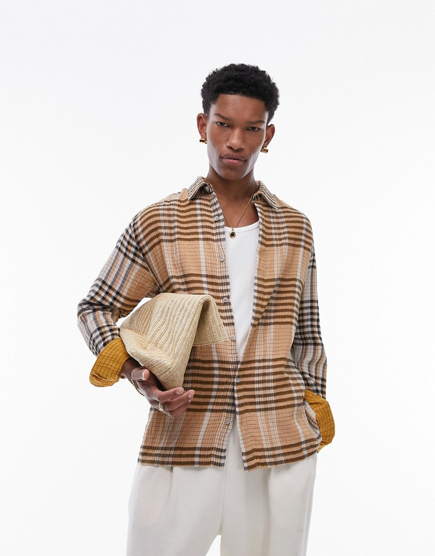 Topman long sleeve relaxed textured checked shirt in orange and black check-Multi