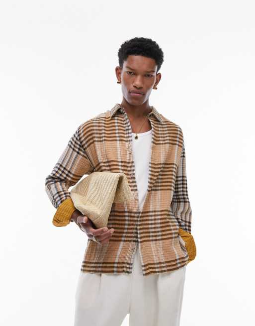 Topman long sleeve relaxed textured checked shirt in orange and