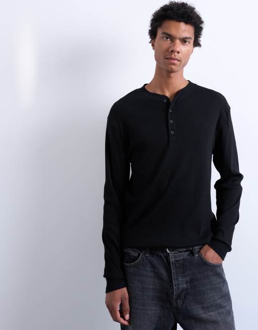Topman long sleeve rib henley t-shirt in black