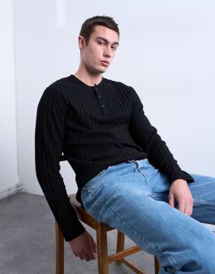 Long sleeve rib henley tee in black | Topshop