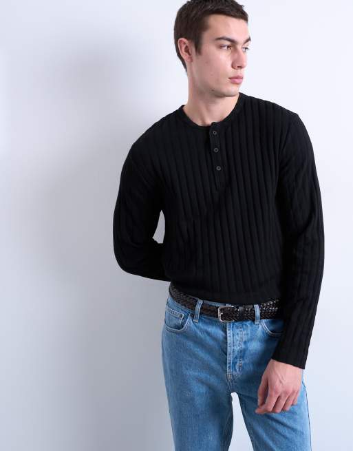 Topman long sleeve rib henley tee in black | ASOS