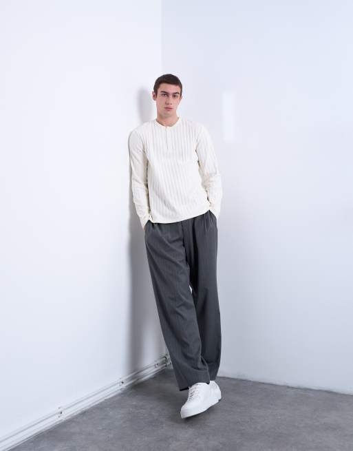 Topman long sleeve rib henley tee in cream, 2 of 5