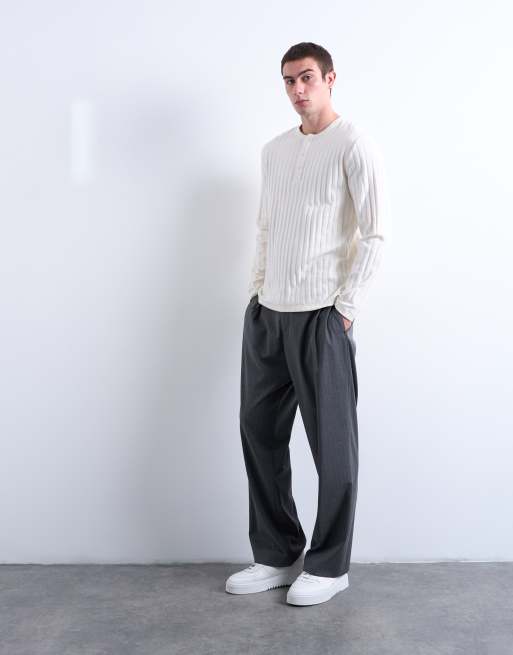 Topman long sleeve rib henley tee in cream, 3 of 5