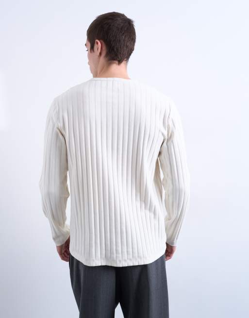 Topman long sleeve rib henley tee in cream, 5 of 5