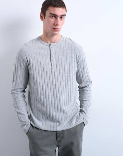 Topman long sleeve rib henley tee in grey