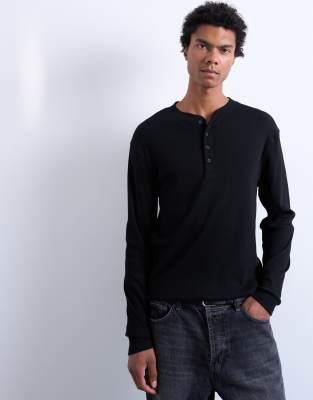 Topman Long Sleeve Ribbed Henley T-shirt In Black