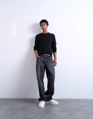 Topman Long Sleeve Ribbed Henley T-shirt In Black