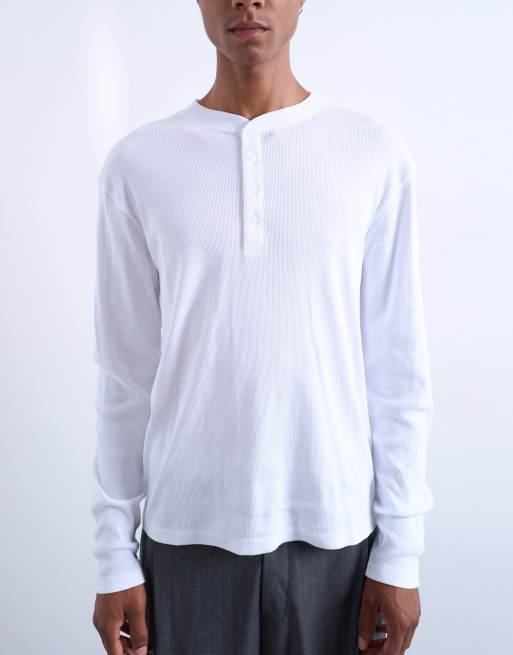 Topman long sleeve ribbed henley T-shirt in white | ASOS