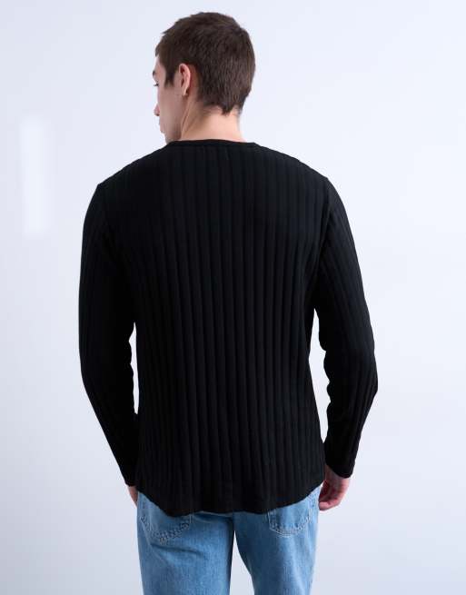 Topman long sleeve ribbed Henley tee in black, 2 of 5
